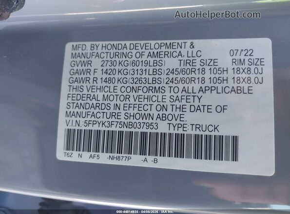 5FPYK3F75NB037953 2022 HONDA RIDGELINE Blue ძრავის განყოფილების ხედი