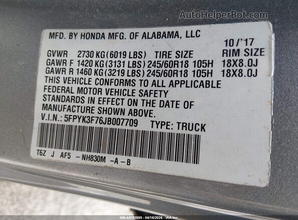 5FPYK3F76JB007709 2018 HONDA RIDGELINE Silver Շարժիչի բաժամունքի տեսք