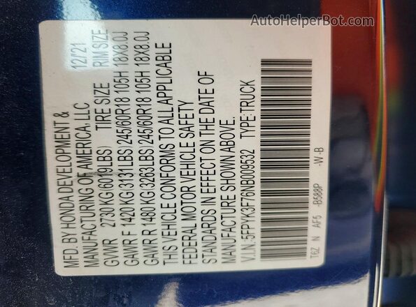 5FPYK3F76NB009532 2022 HONDA RIDGELINE Blue Widok naklejki z numerem VIN
