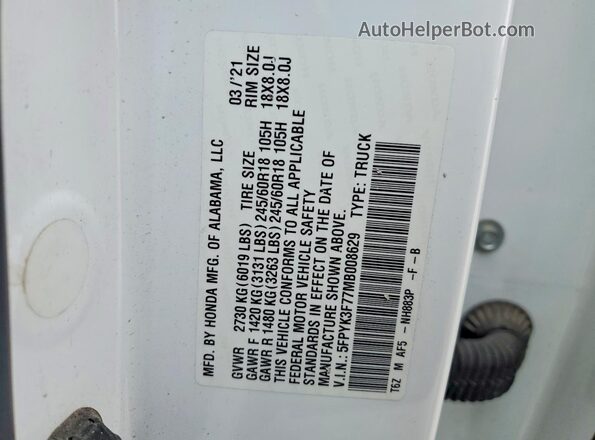 5FPYK3F77MB008629 2021 HONDA RIDGELINE White VIN sticker view