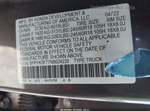 5FPYK3F77NB024220 2022 HONDA RIDGELINE Gray Widok komory silnika