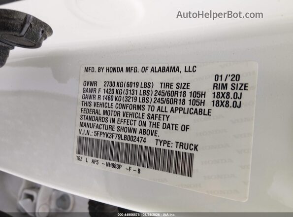 5FPYK3F79LB002474 2020 HONDA RIDGELINE White Շարժիչի բաժամունքի տեսք