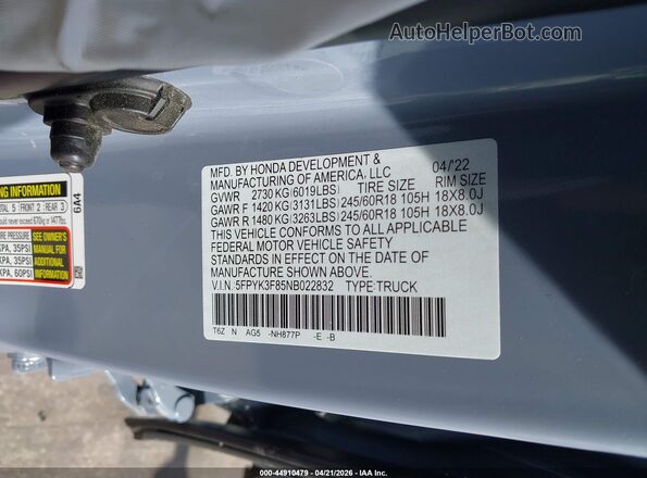 5FPYK3F85NB022832 2022 HONDA RIDGELINE Gray Շարժիչի բաժամունքի տեսք