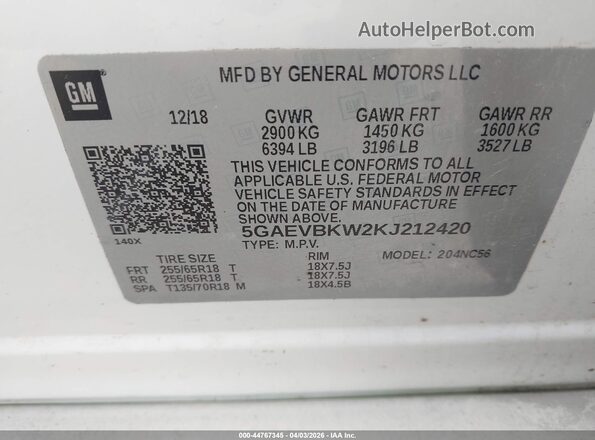 5GAEVBKW2KJ212420 2019 BUICK ENCLAVE Белый Вид подкапотного пространства