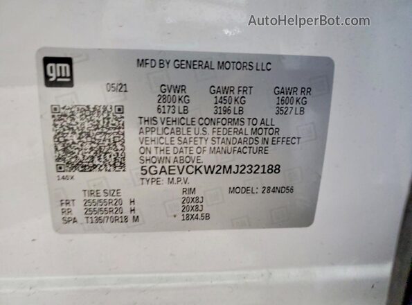 5GAEVCKW2MJ232188 2021 BUICK ENCLAVE White VIN կոդի պիտակի տեսք