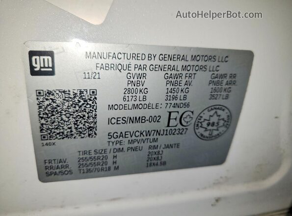 5GAEVCKW7NJ102327 2022 BUICK ENCLAVE White 