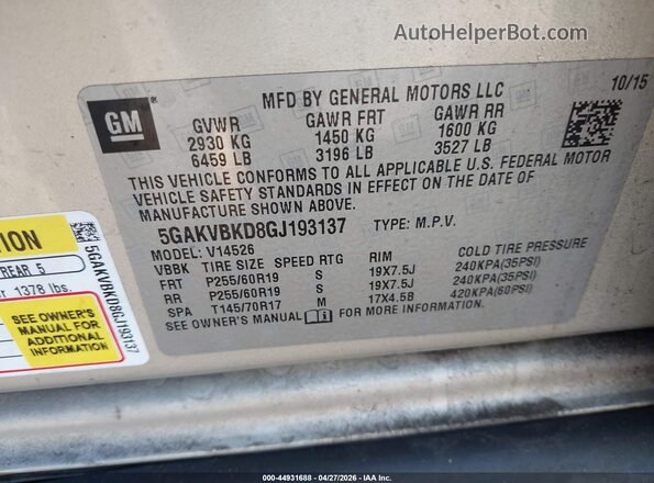 5GAKVBKD8GJ193137 2016 BUICK ENCLAVE Gold Engine compartment view