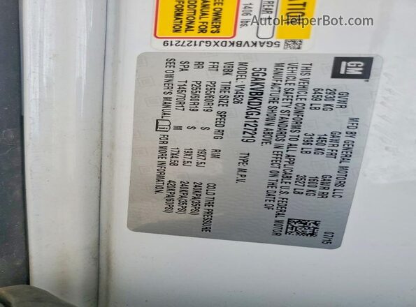 5GAKVBKDXGJ127219 2016 BUICK ENCLAVE White VIN sticker view