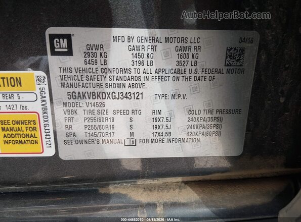 5GAKVBKDXGJ343121 2016 BUICK ENCLAVE Black ძრავის განყოფილების ხედი