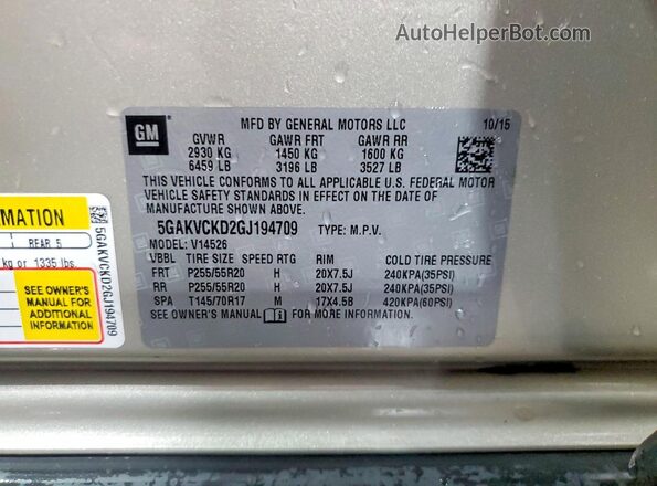 5GAKVCKD2GJ194709 2016 BUICK ENCLAVE Tan Vista del compartimento del motor
