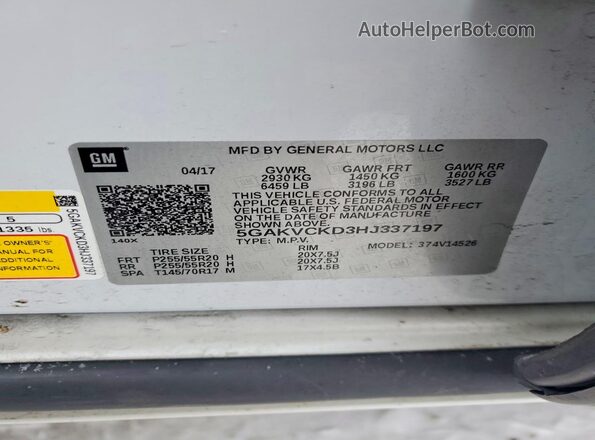 5GAKVCKD3HJ337197 2017 BUICK ENCLAVE White VIN sticker view