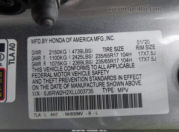 5J6RW2H2XLL003735 2020 HONDA CR-V Silver ძრავის განყოფილების ხედი