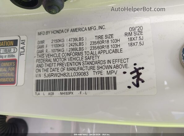 5J6RW2H82LL039083 2020 HONDA CR-V White Շարժիչի բաժամունքի տեսք