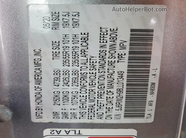 5J6RW2H98LL013449 2020 HONDA CR-V Silver Engine compartment view