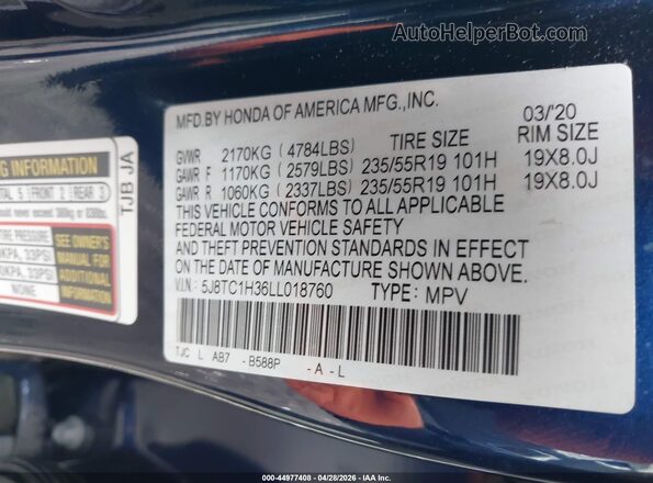 5J8TC1H36LL018760 2020 ACURA RDX Blue Շարժիչի բաժամունքի տեսք