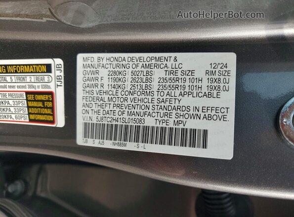 5J8TC2H41SL015083 2025 ACURA RDX Charcoal Widok naklejki z numerem VIN