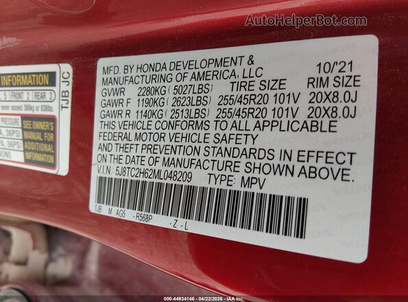 5J8TC2H62ML048209 2021 ACURA RDX Red ძრავის განყოფილების ხედი