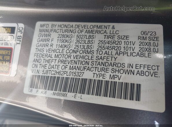 5J8TC2H62PL015327 2023 ACURA RDX Gray Շարժիչի բաժամունքի տեսք