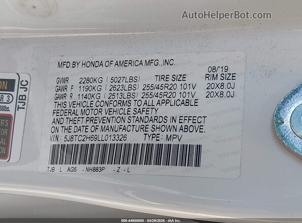 5J8TC2H69LL013326 2020 ACURA RDX White ძრავის განყოფილების ხედი