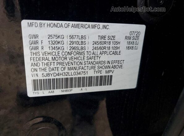 5J8YD4H32LL034751 2020 ACURA MDX Black VIN կոդի պիտակի տեսք