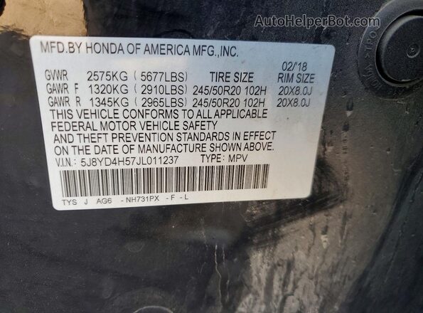 5J8YD4H57JL011237 2018 ACURA MDX Черный Вид наклейки с VIN-кодом