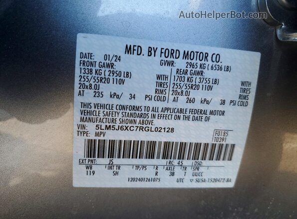 5LM5J6XC7RGL02128 2024 LINCOLN AVIATOR Silver VIN კოდის სტიკერის ხედი