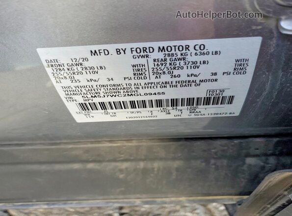 5LM5J7WC2MGL09455 2021 LINCOLN AVIATOR Silver Vista de la etiqueta del VIN