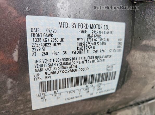 5LM5J7XC2MGL00639 2021 LINCOLN AVIATOR Gray Vista de la etiqueta del VIN