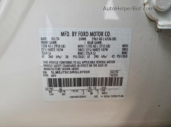 5LM5J7XC6RGL07035 2024 LINCOLN AVIATOR White Widok naklejki z numerem VIN