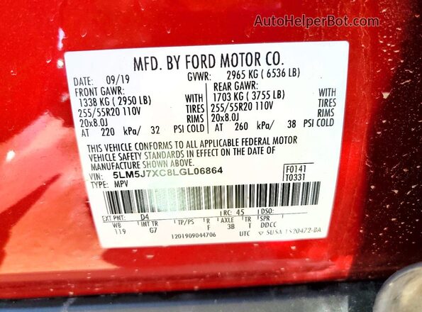 5LM5J7XC8LGL06864 2020 LINCOLN AVIATOR Red Շարժիչի բաժամունքի տեսք
