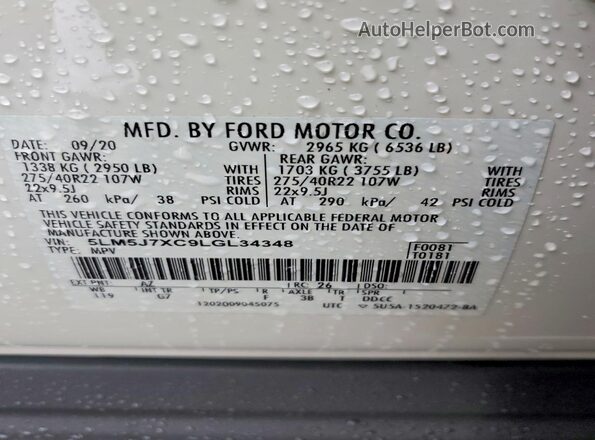 5LM5J7XC9LGL34348 2020 LINCOLN AVIATOR White VIN კოდის სტიკერის ხედი