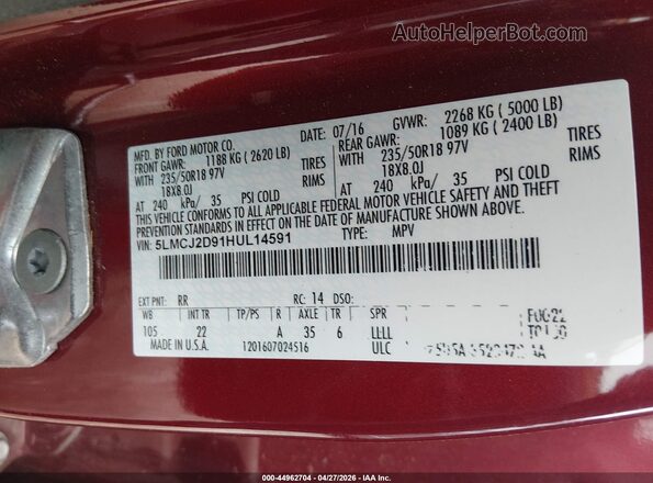 5LMCJ2D91HUL14591 2017 LINCOLN MKC Красный Вид подкапотного пространства