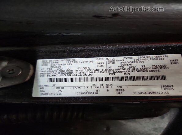 5LMCJ2D99LUL23029 2020 LINCOLN CORSAIR Серый Вид наклейки с VIN-кодом
