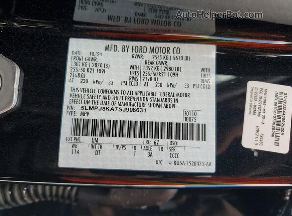 5LMPJ8KA7SJ908631 2025 LINCOLN NAUTILUS Black Вид наклейки з VIN-кодом