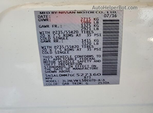 5N1AL0MM7GC527160 2016 INFINITI QX60 White VIN sticker view