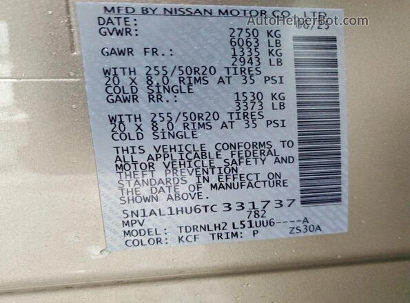 5N1AL1HU6TC331737 2026 INFINITI QX60 Beige VIN sticker view