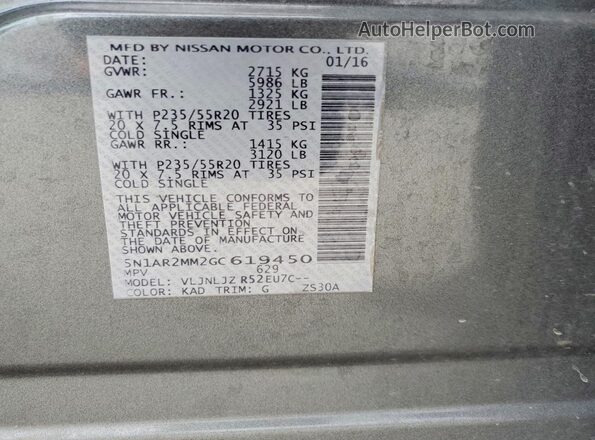 5N1AR2MM2GC619450 2016 NISSAN PATHFINDER Gray VIN sticker view