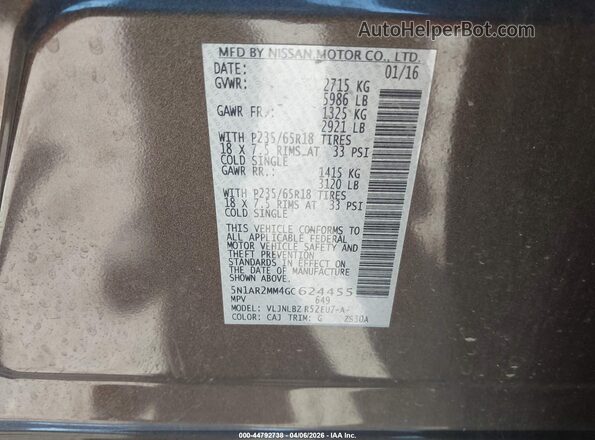 5N1AR2MM4GC624455 2016 NISSAN PATHFINDER Gray Engine compartment view