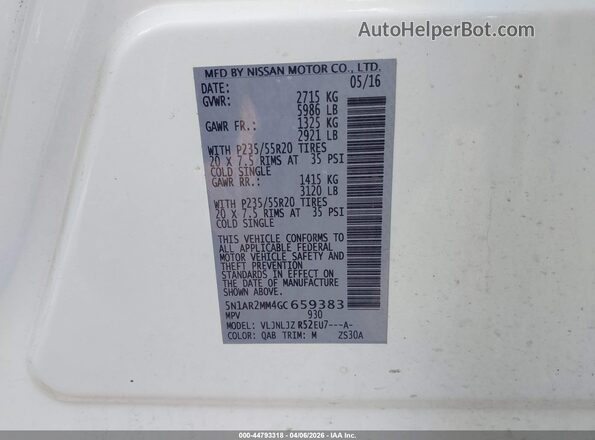 5N1AR2MM4GC659383 2016 NISSAN PATHFINDER White ძრავის განყოფილების ხედი
