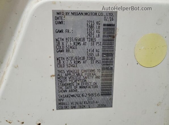 5N1AR2MN2GC629856 2016 NISSAN PATHFINDER White Vista del compartimento del motor