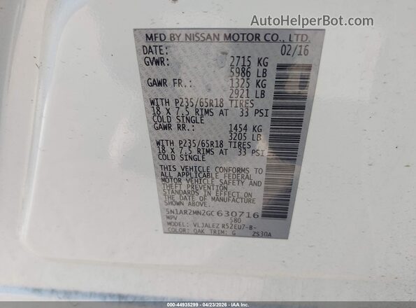 5N1AR2MN2GC630716 2016 NISSAN PATHFINDER White Widok komory silnika