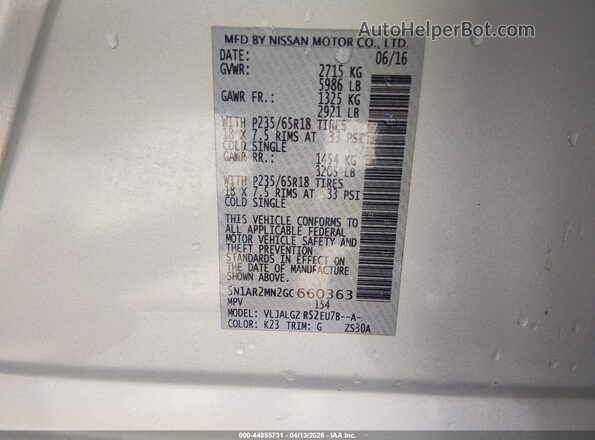 5N1AR2MN2GC660363 2016 NISSAN PATHFINDER Silver 