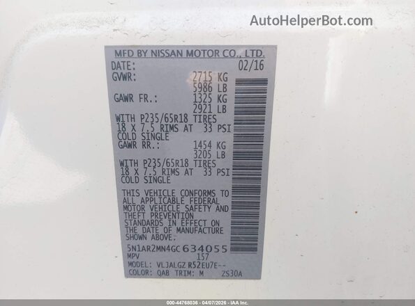 5N1AR2MN4GC634055 2016 NISSAN PATHFINDER White Vista del compartimento del motor