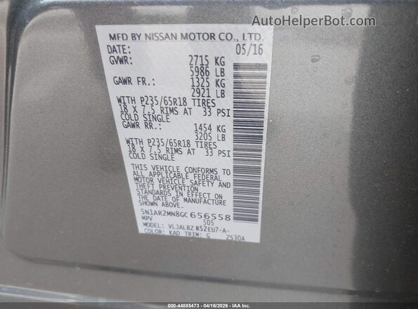 5N1AR2MN8GC656558 2016 NISSAN PATHFINDER Gray Engine compartment view