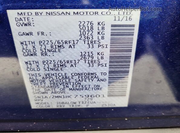 5N1AT2MN1HC759601 2017 NISSAN ROGUE Blue VIN sticker view