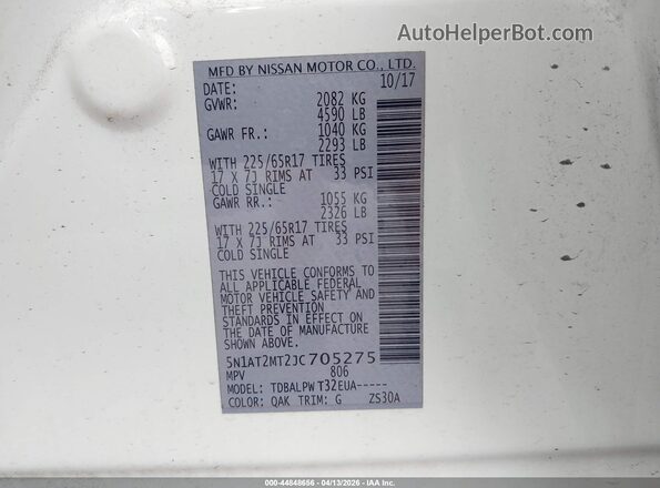 5N1AT2MT2JC705275 2018 NISSAN ROGUE Белый 
