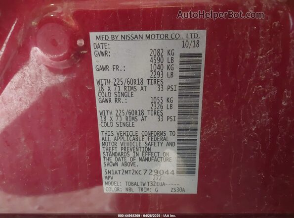 5N1AT2MT2KC729044 2019 NISSAN ROGUE Red 