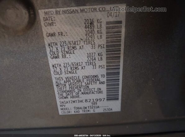 5N1AT2MT3HC821997 2017 NISSAN ROGUE Серый 
