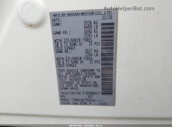 5N1AT2MT7HC749007 2017 NISSAN ROGUE White 