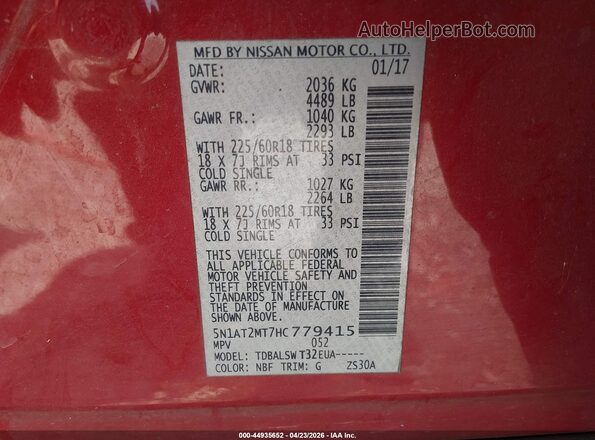 5N1AT2MT7HC779415 2017 NISSAN ROGUE Red 